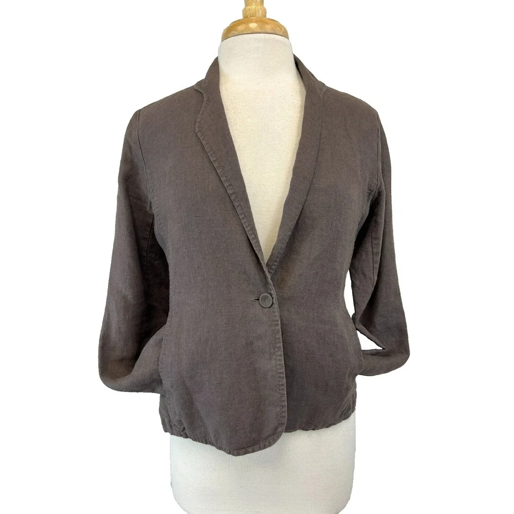 Eileen‎ Fisher Brown One Button Blazer Unlined Irish Linen Pick Stitching SZ S